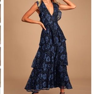 Lulus Molinetto Navy Blue Lace Ruffle Maxi Dress
